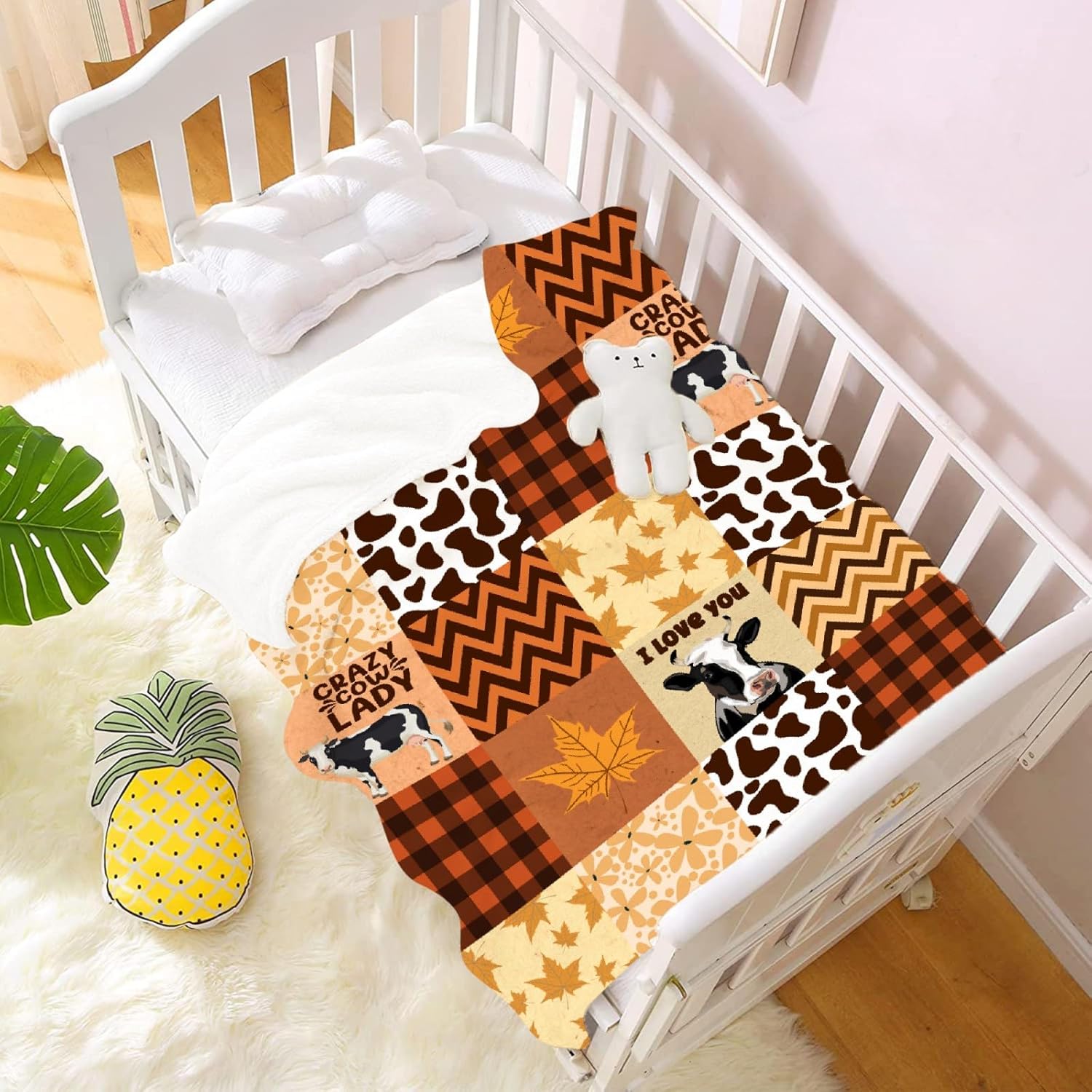 Manta con estampado de vaca, linda manta de vaca ultra suave, con hojas de arce, manta de otoño para niños pequeños, mujeres y hombres, regalos de