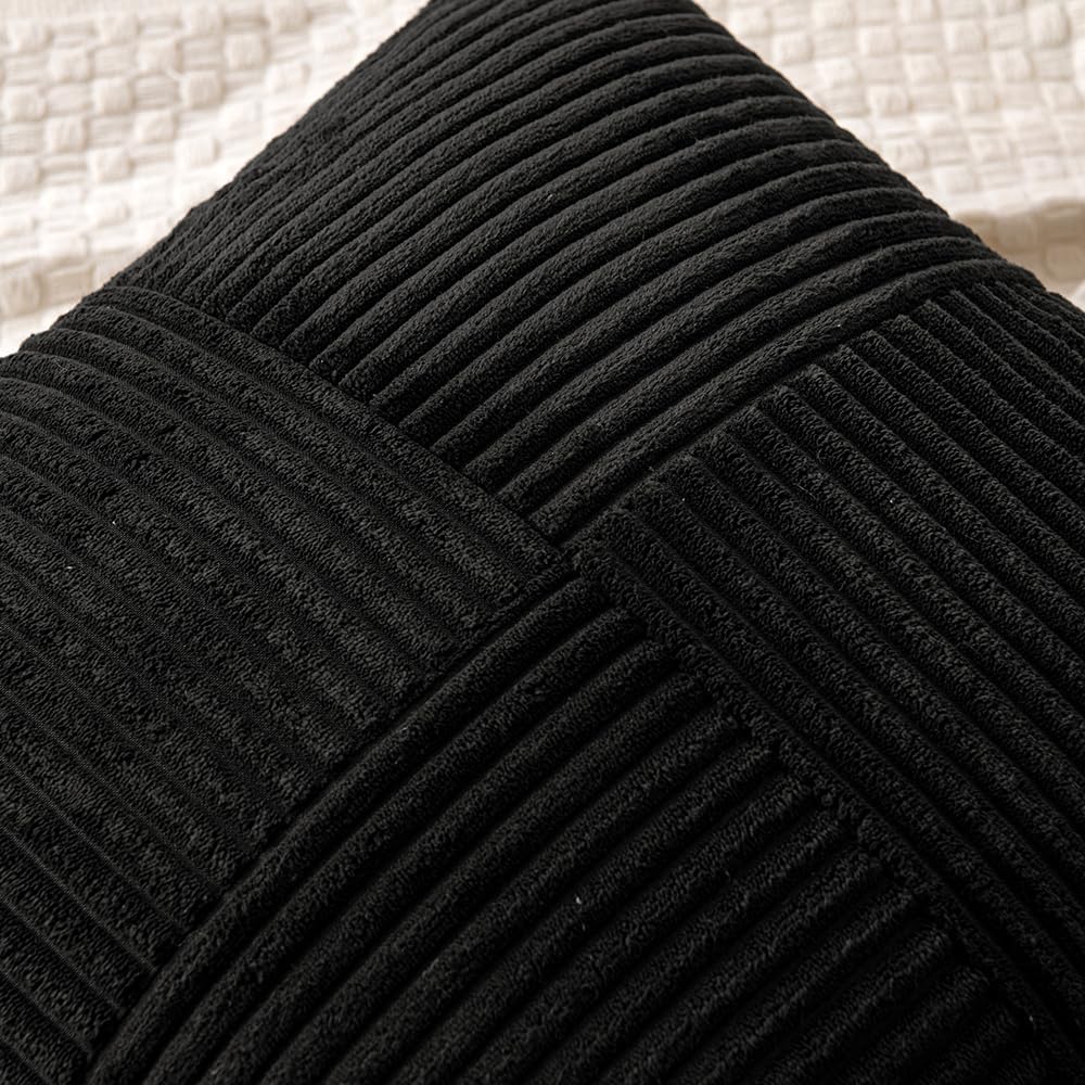 MIULEE Juego de 2 fundas de almohada de pana color negro, fundas de almohada decorativas bohemias empalmadas, fundas de almohada suaves y sólidas