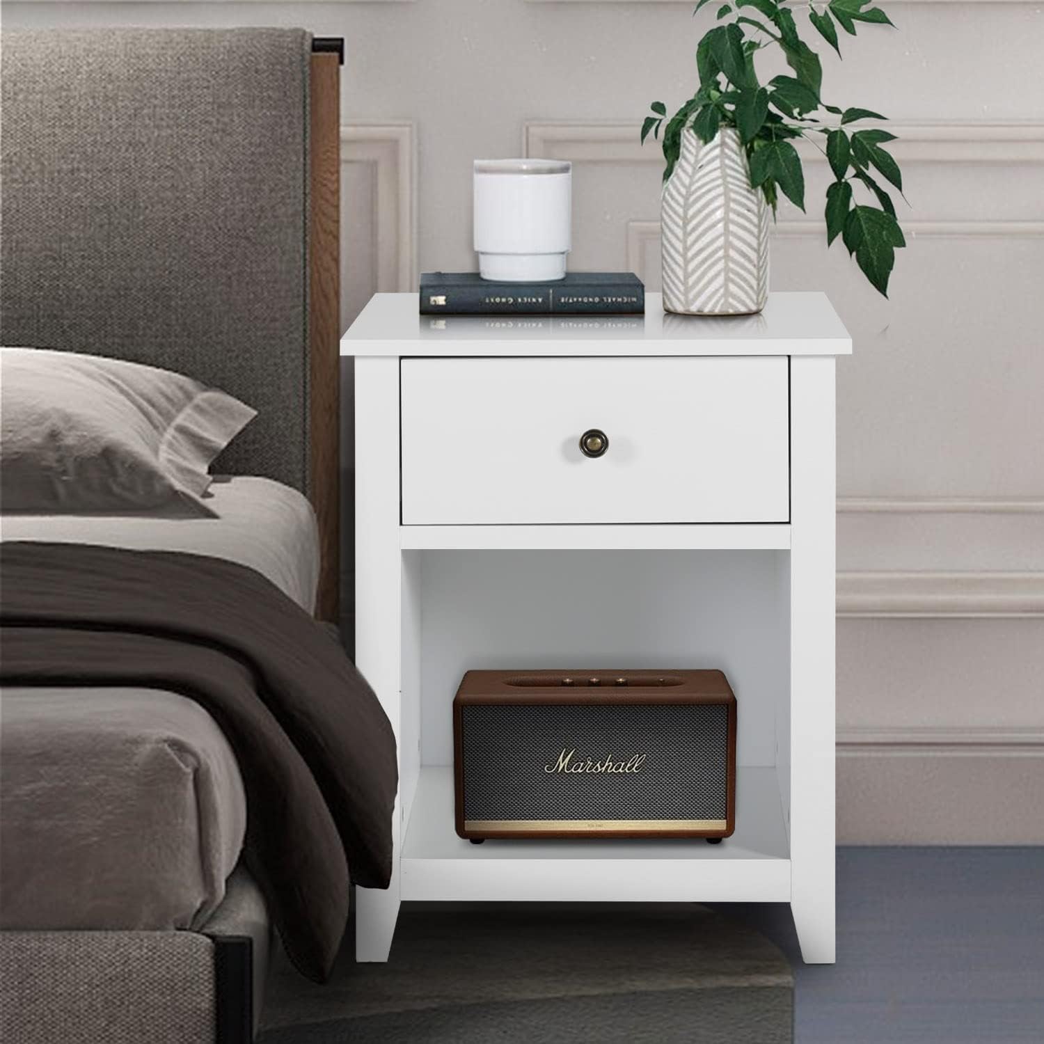 Mesita de noche para dormitorio, juego de 2 mesitas de noche blancas con cajón de almacenamiento y estante abierto, mesita de noche moderna para