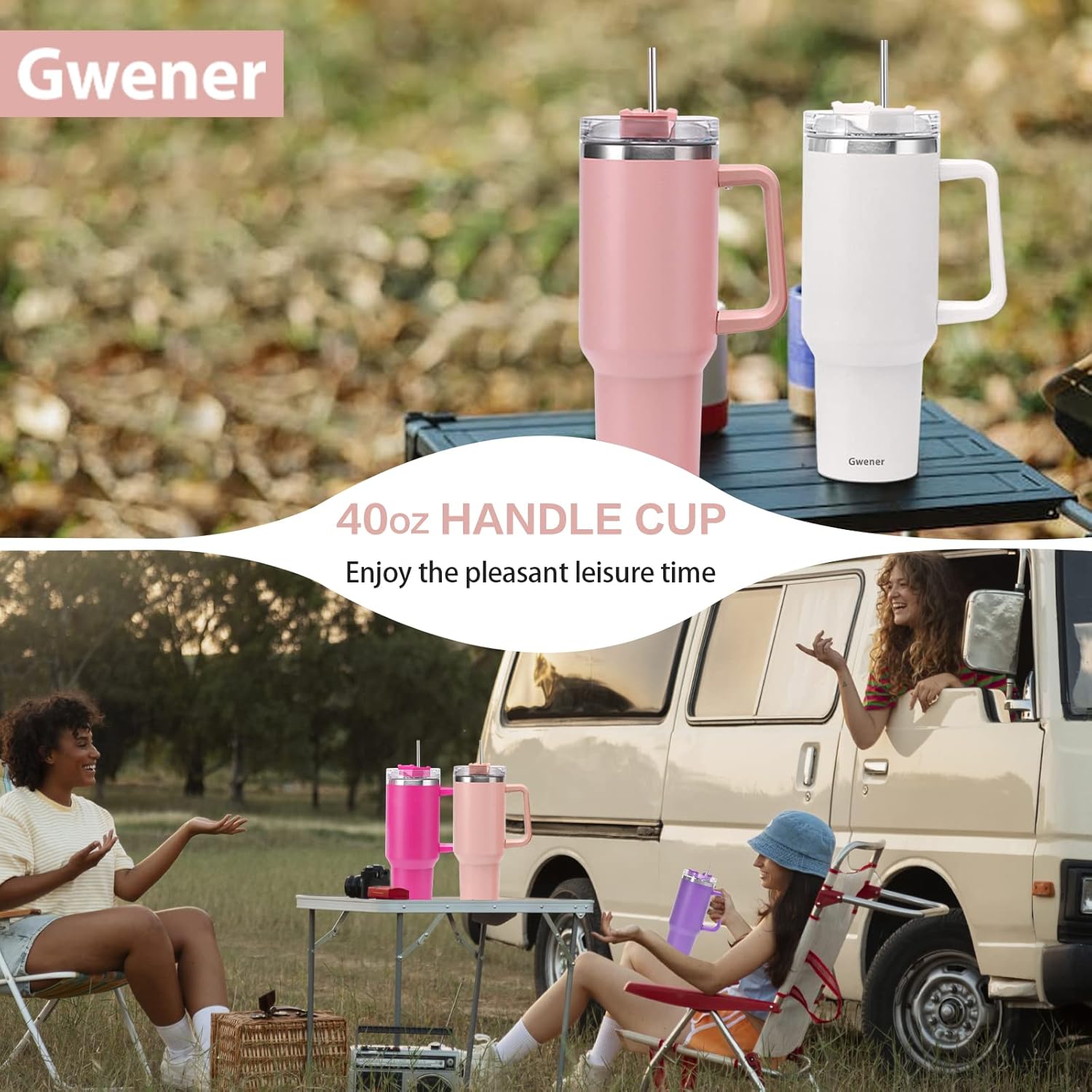 Vaso de 40 onzas con asa y tapa con pajilla, vaso aislado de acero inoxidable, taza de viaje, para bebidas calientes y frías, taza de café de viaje