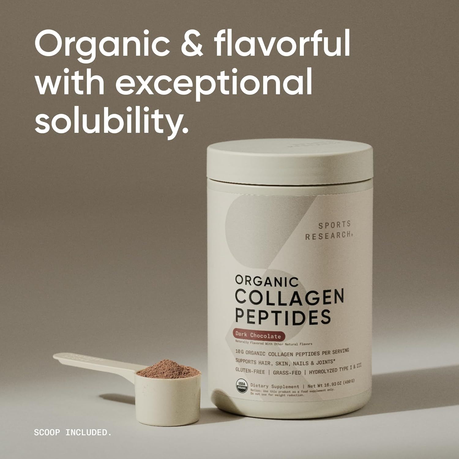 Sports Research Polvo de colágeno orgánico – Proteína de colágeno hidrolizada tipo I y III – USDA orgánico, sin gluten, de origen sostenible,