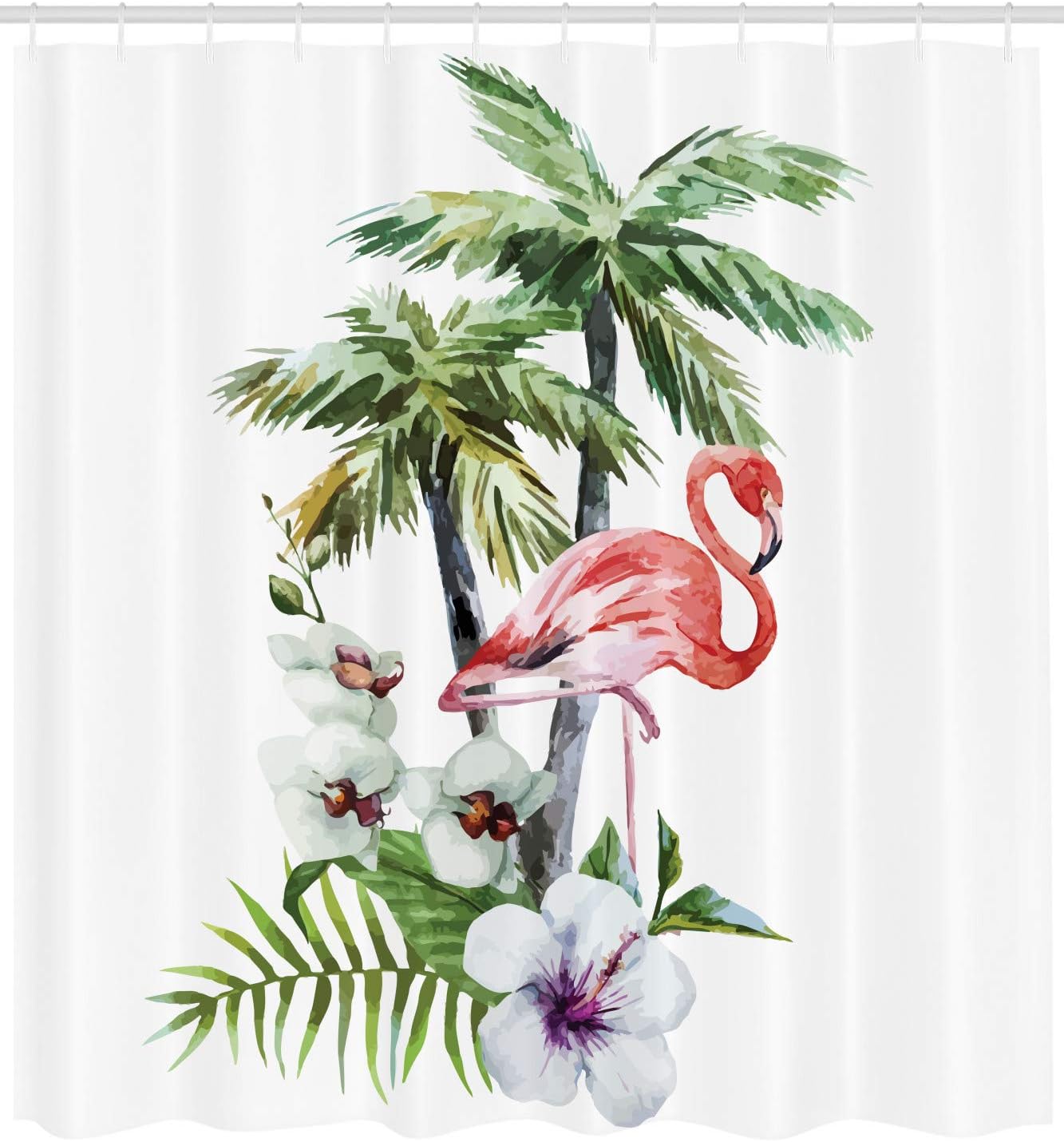 Ambesonne Cortina de ducha de flamenco, composición de isla de acuarela, hojas exóticas de bosque e hibisco primavera en Hawaii, juego de decoración