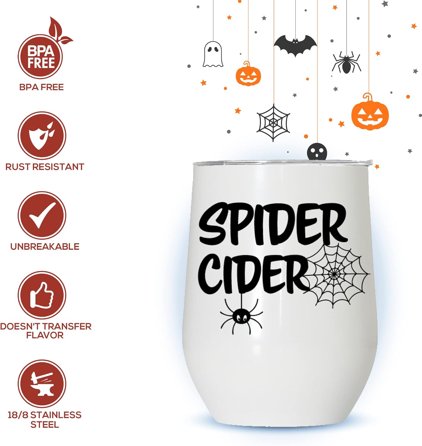 Modern Elegance Vaso de vino de Halloween sin tallo, vaso de vino de 12 onzas con pajilla, bonitos vasos de acero con aislamiento de araña, a prueba