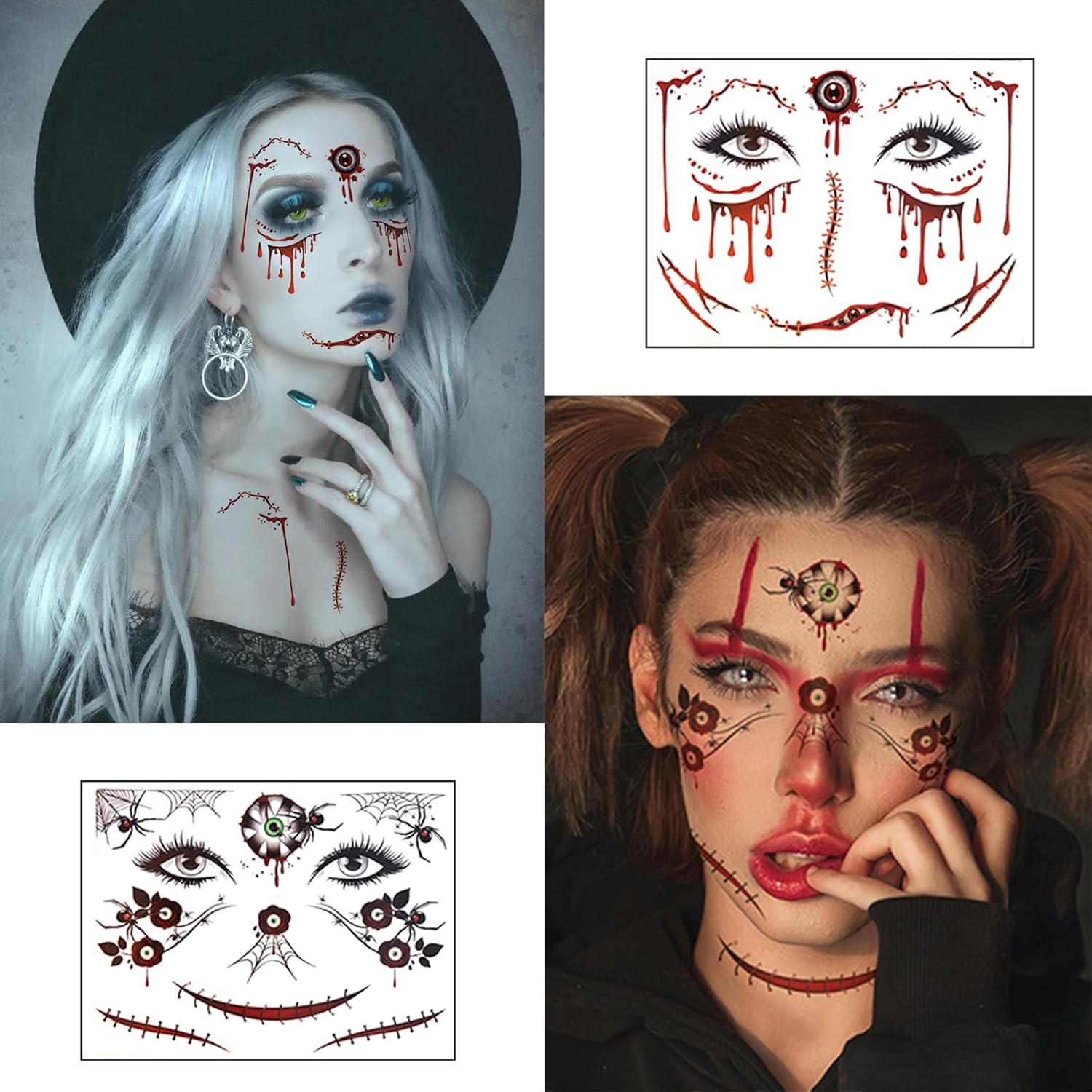 8 piezas de tatuajes faciales de Halloween, de terror, realista, falsa herida sangrienta, cicatriz, impermeable, temporal, tatuaje, calcomanías de