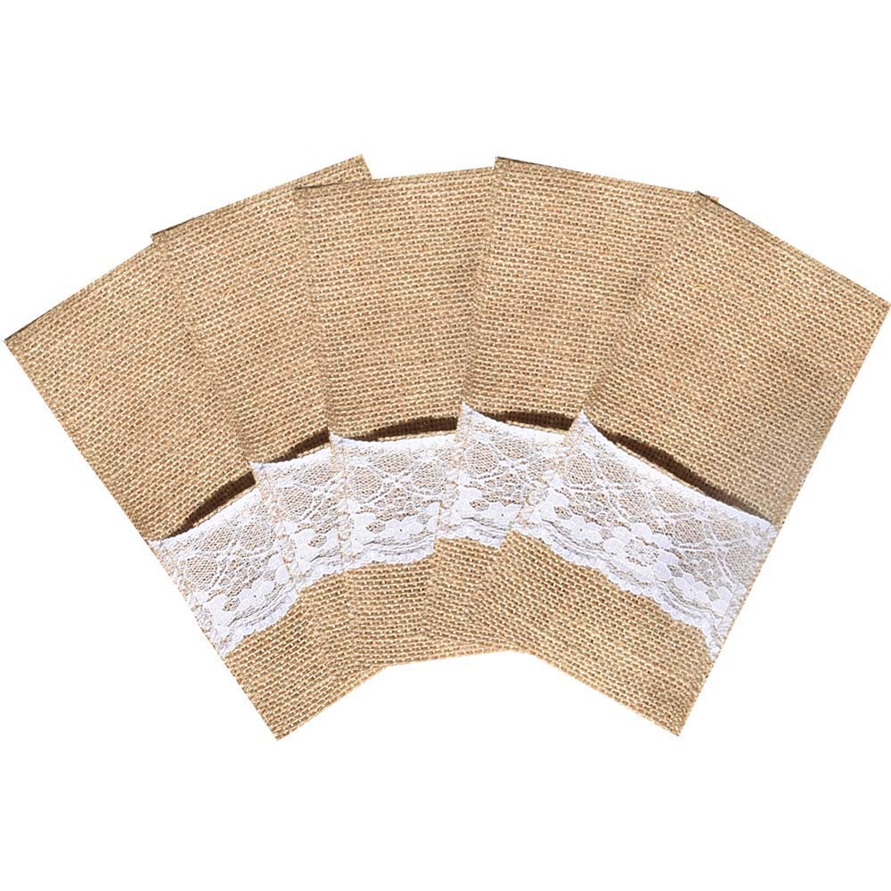 Paquete de 50 soportes para utensilios de encaje de arpillera, servilleteros de yute, cubiertos de lino, cubiertos y tenedores, bolsillo para bodas
