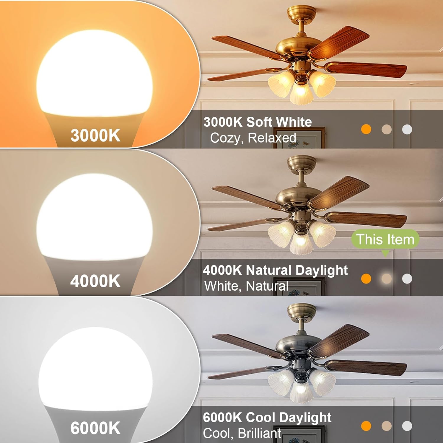 hansang Bombillas para ventilador de techo E26, luz natural de 4000 K, equivalente a 60 vatios, bombilla LED pequeña A15, bombilla de base estándar