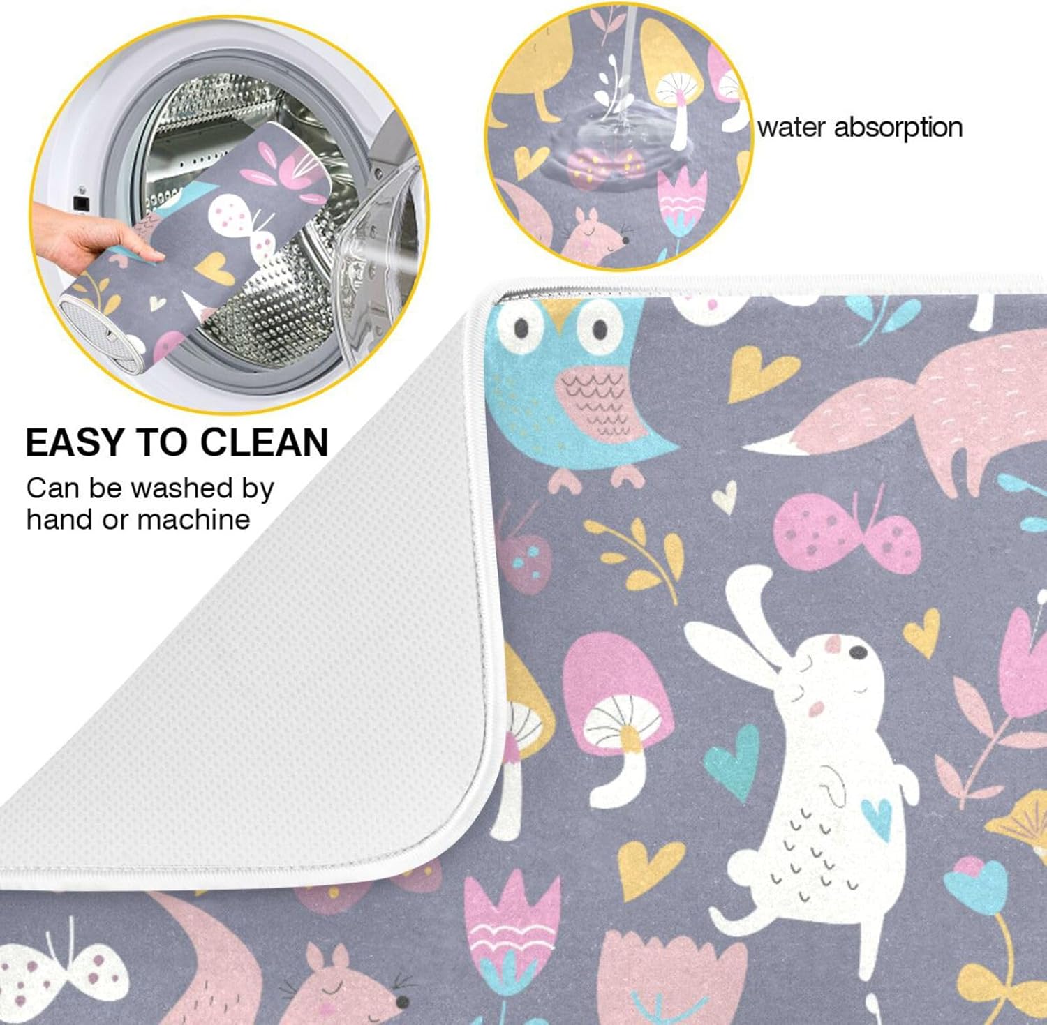 Cute Forest Animals Drying Dish Mat Washnable Absorbent Dish Draining Mat For Kitchen Counter Dish Drainer Pads Tapete Para Cocina 16” x 18”