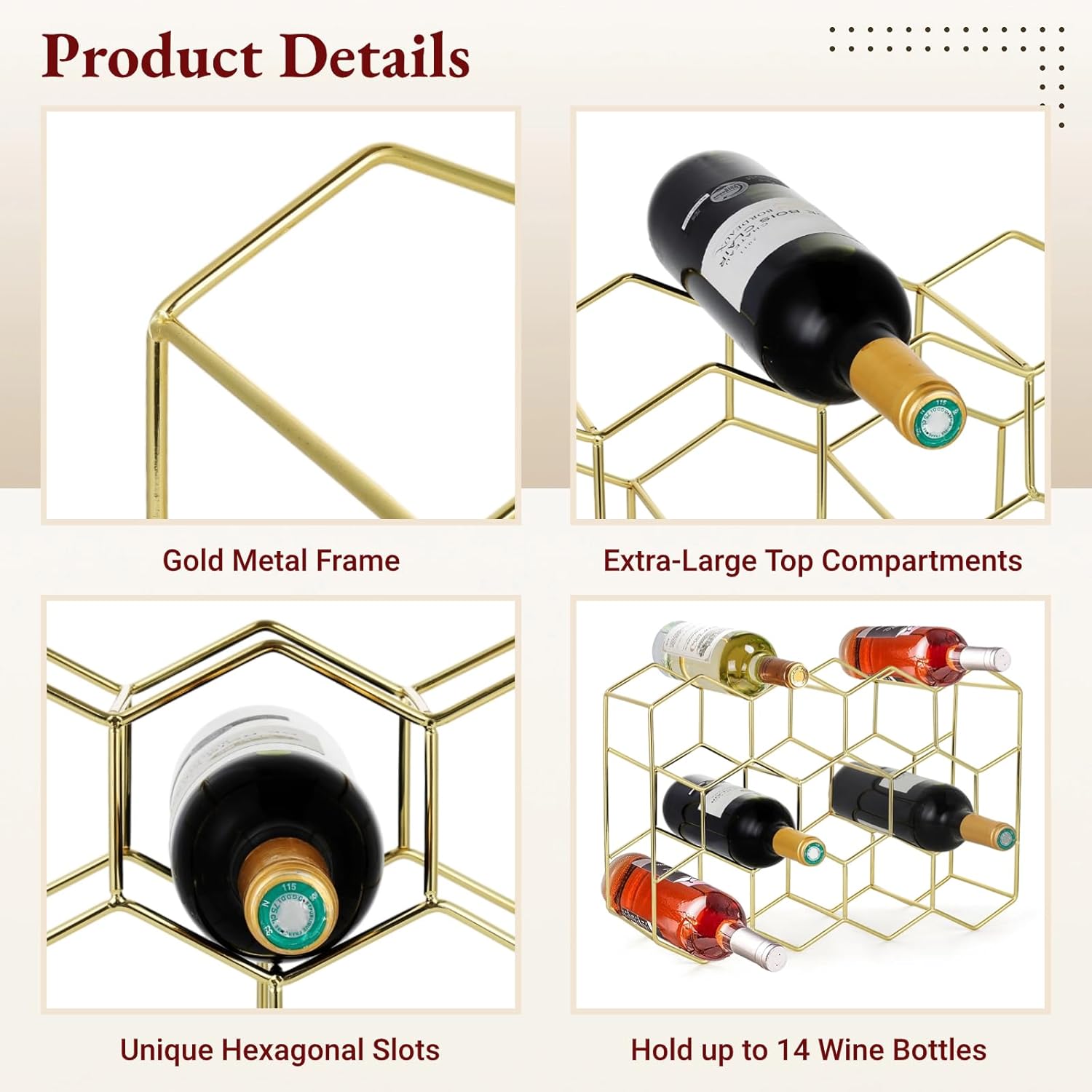 Estante de vino para encimera, soporte de vino de mesa para 14 botellas, organizador de botellas de vino dorado independiente, soporte de