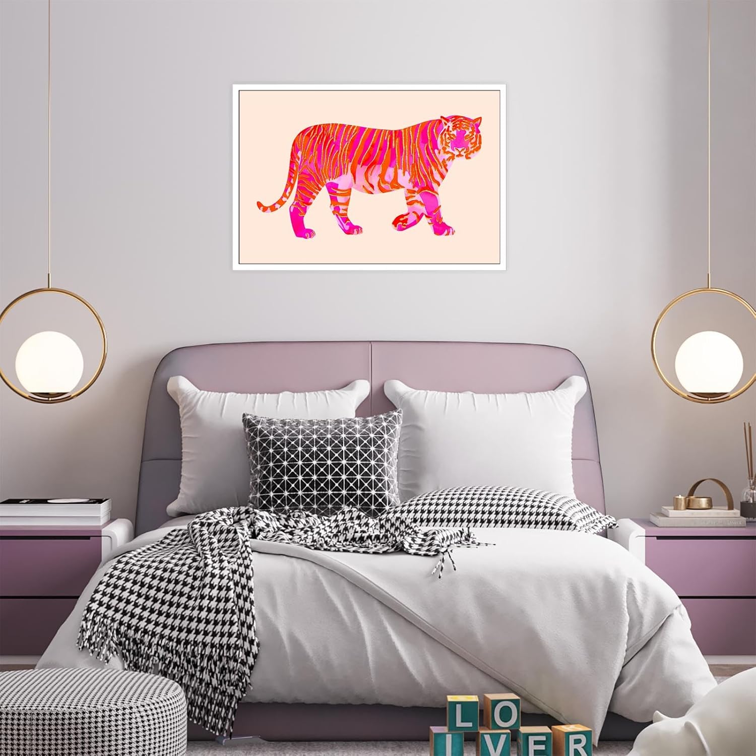 BNGFDV Lienzo de tigre rosa y naranja funky para pared, póster moderno de animales preparados para dormitorio de niñas, dormitorio universitario,