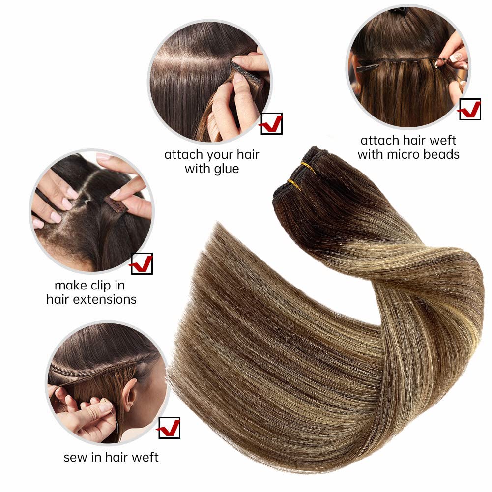 Extensiones de cabello humano real para coser, 20 pulgadas, extensiones de cabello humano de trama, 3.53 onzas, color marrón degradado, balayage,