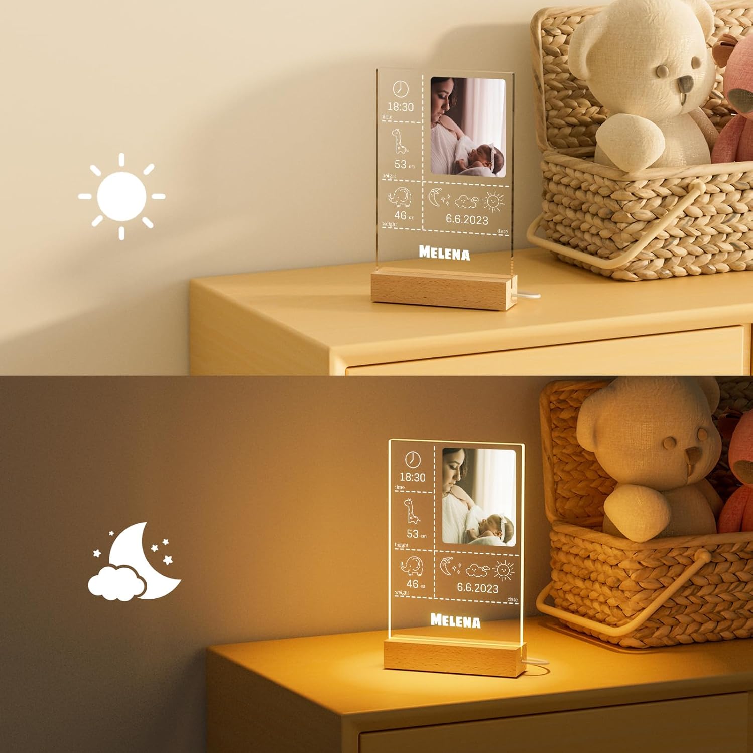 Bemaystar Regalos personalizados para bebés, regalos de bautizo para niñas, luz nocturna personalizada, placa acrílica de estadísticas de nacimiento