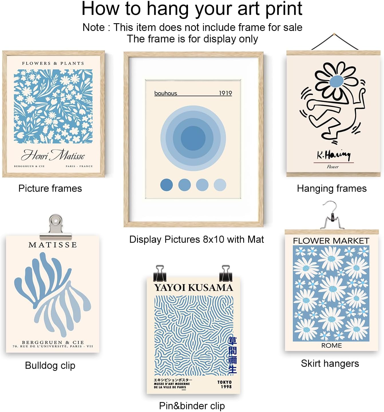 Iknostine Juego de 6 impresiones artísticas de pared de artistas famosos Matisse abstractas en lienzo estético azul Foral Flower Market Morris