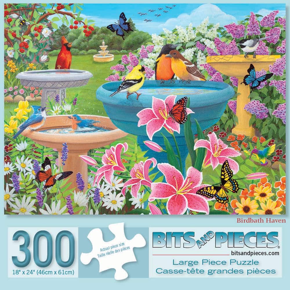 Bits and Pieces – Rompecabezas de 300 piezas para adultos de 18 x 24 pulgadas – Birdbath Haven – Rompecabezas de 300 piezas de mariposa y flores,