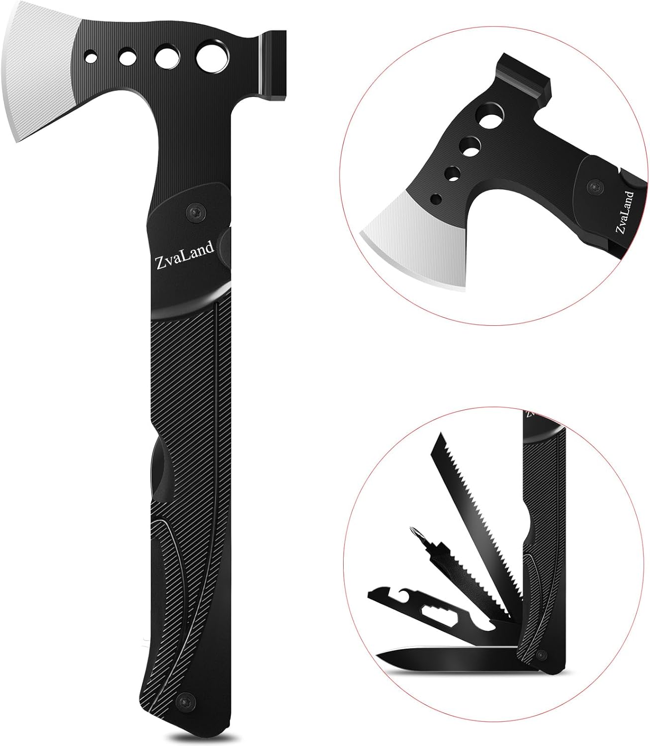 Adventure – Juego de hachas multiherramienta 14 en 1 para campamento, senderismo, pesca. Hacha, martillo, cuchillo, sierra, abridor, iniciador de