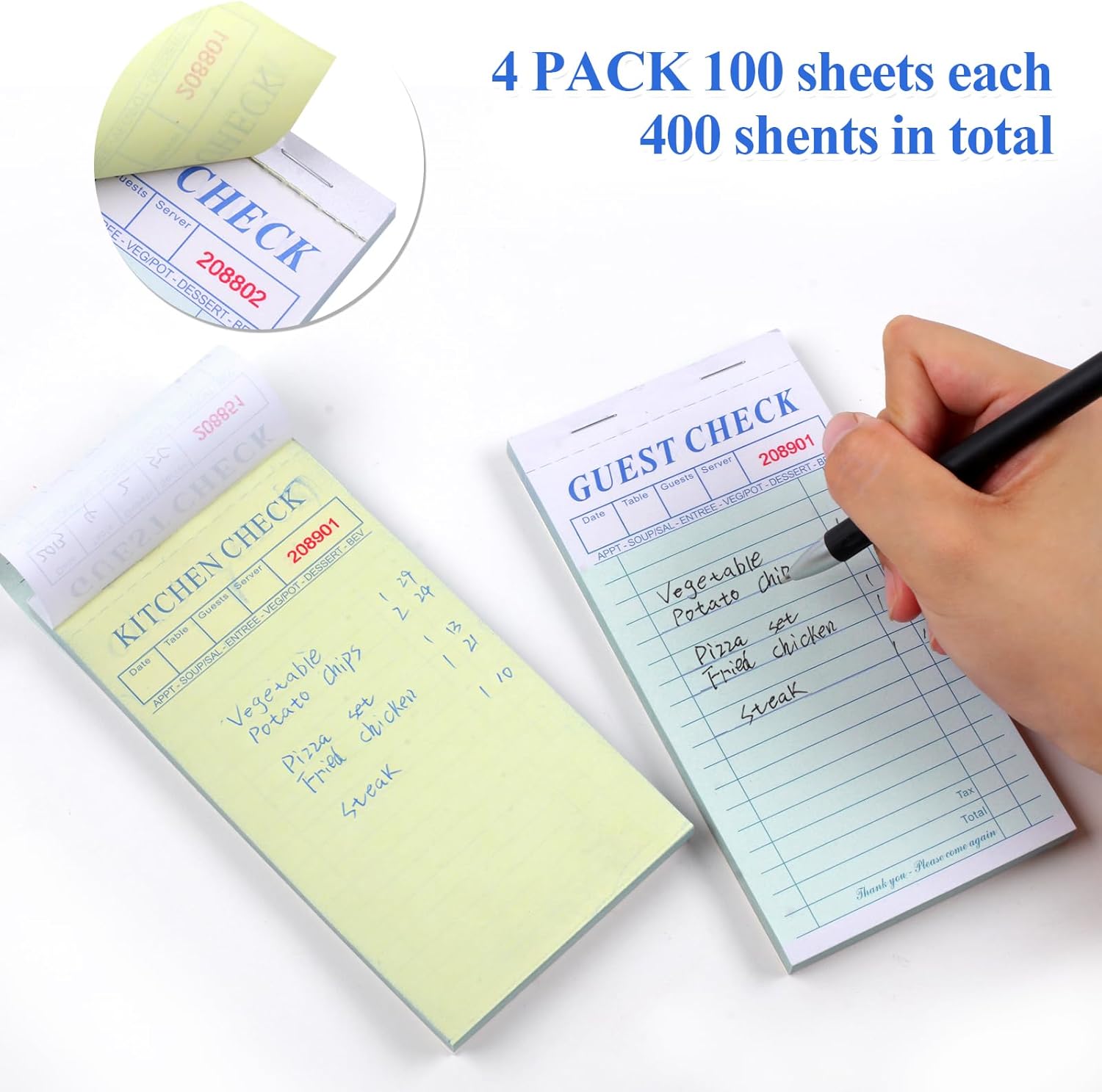 Paquete de 4 blocs de notas para servidor, doble parte de cheques de invitados para servidores, bloc de notas de camarera para pedidos de alimentos,