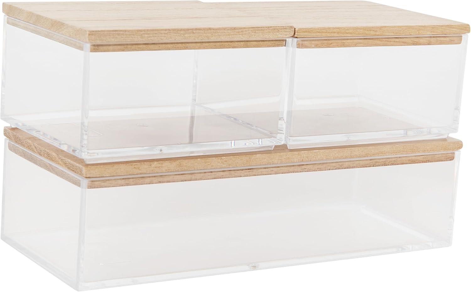 Martha Stewart Brody – Contenedores organizadores de plástico con tapas de madera de paulownia para oficina en casa, cocina o baño, paquete de 3, 2