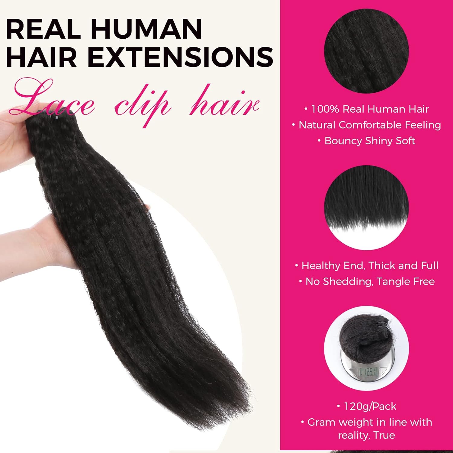 Lashey Extensiones de cabello humano real con broches, 14 pulgadas, 7 unidades, 4.23 oz, #1B, extensiones de cabello humano Remy negro natural