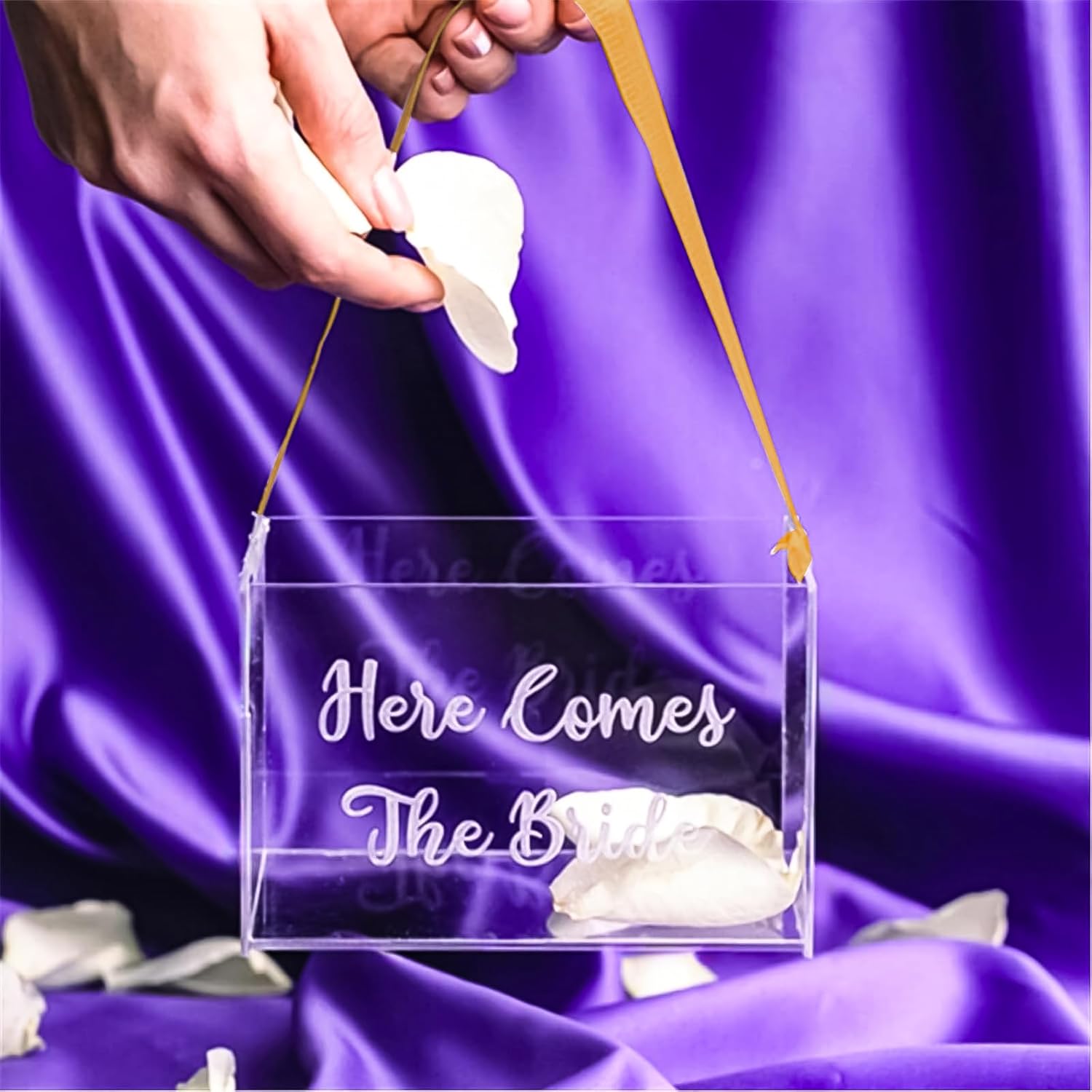 Pahdecor Cesta de boda para niña de flores, cesta de flores con cinta dorada, caja de acrílico transparente para confeti (transparente)