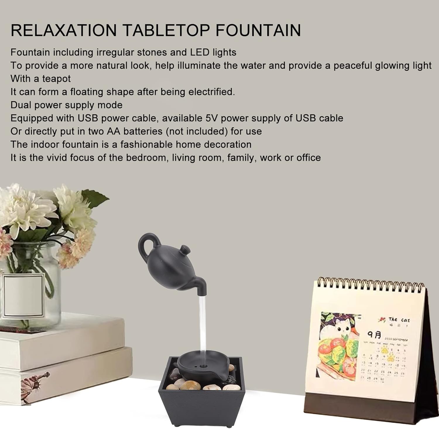 Tetera flotante Cascada Ornamento de agua que fluye Decoración de Oficina Led Sala de estar Batería USB Escritorio para piedras de suspensión Fuente