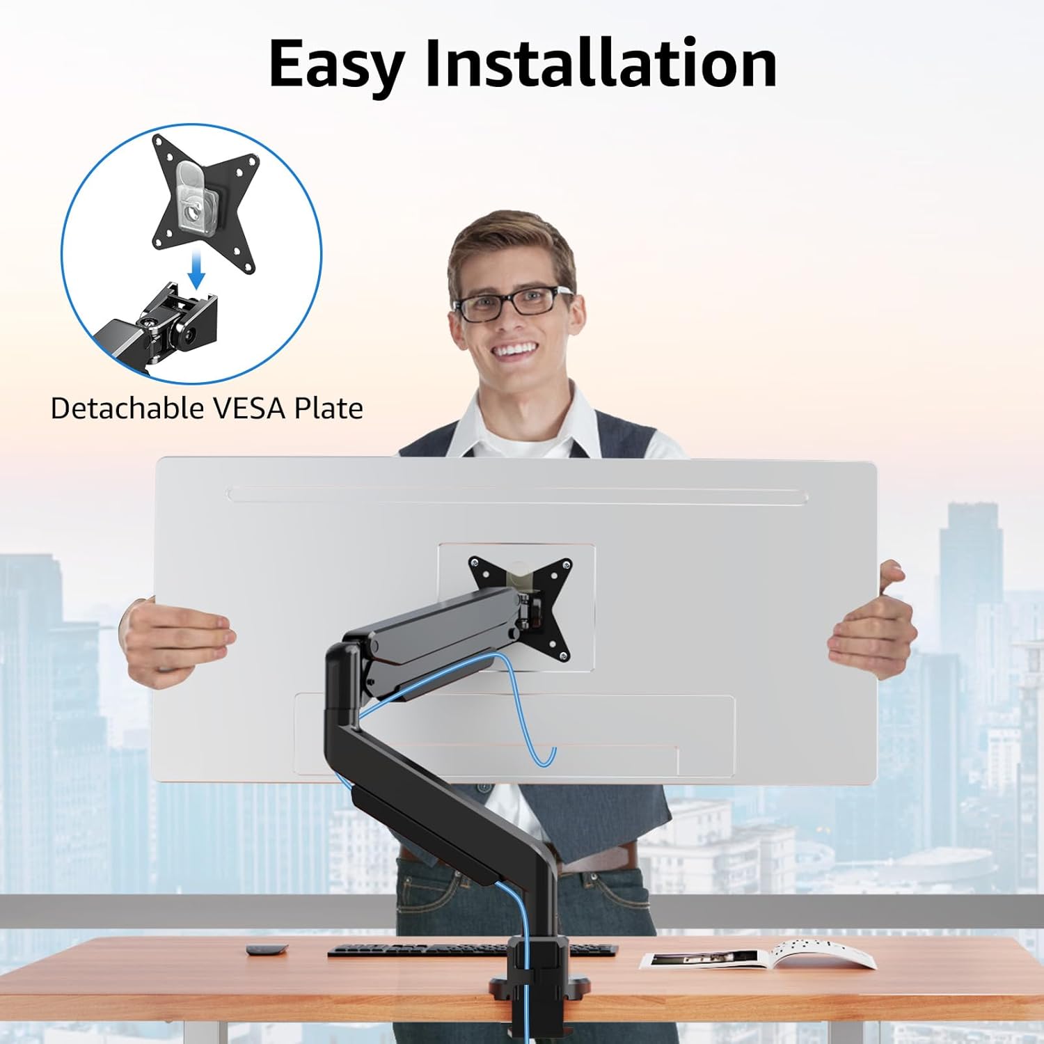 MOUNTUP Soporte de monitor único para pantalla ultraancha de 17 a 43 pulgadas, soporta 6.6-33 libras, soporte de escritorio para brazo de monitor de