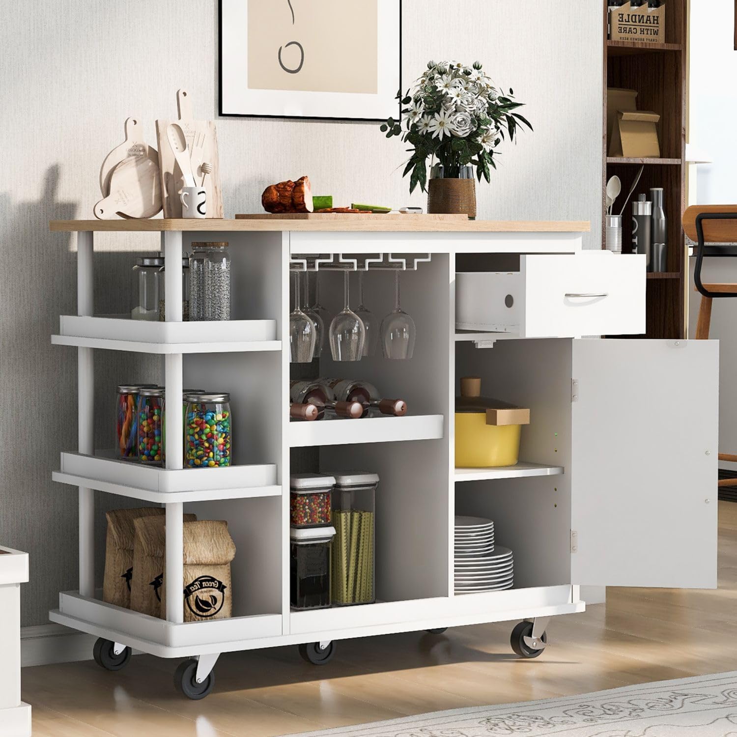 Carrito de cocina rodante con cajones, isla de cocina con estantes de almacenamiento laterales, parte superior de madera de goma, isla de