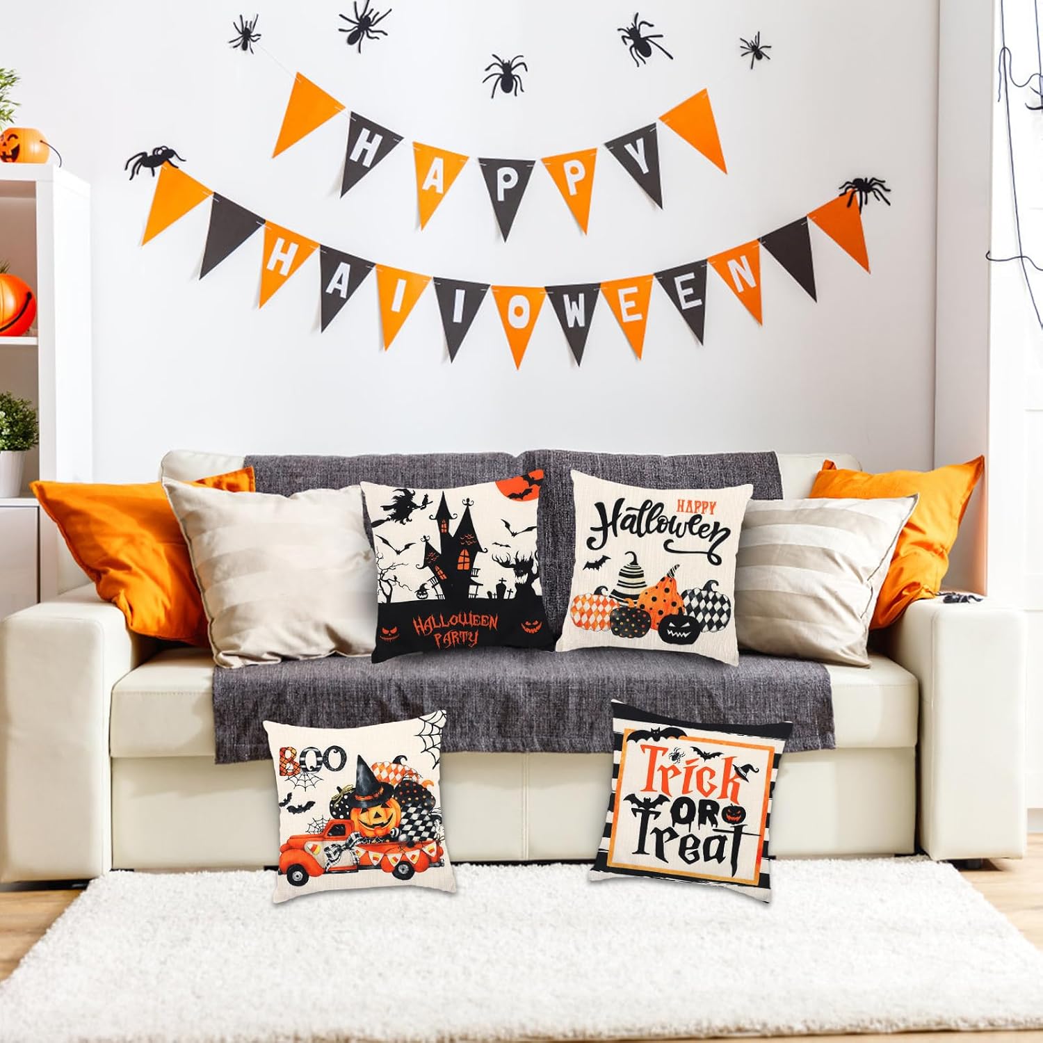 Juego de 4 fundas de almohada de Halloween, 18 x 18 pulgadas, fundas de cojín de bruja murciélago y calabaza, fundas de almohada de Halloween para