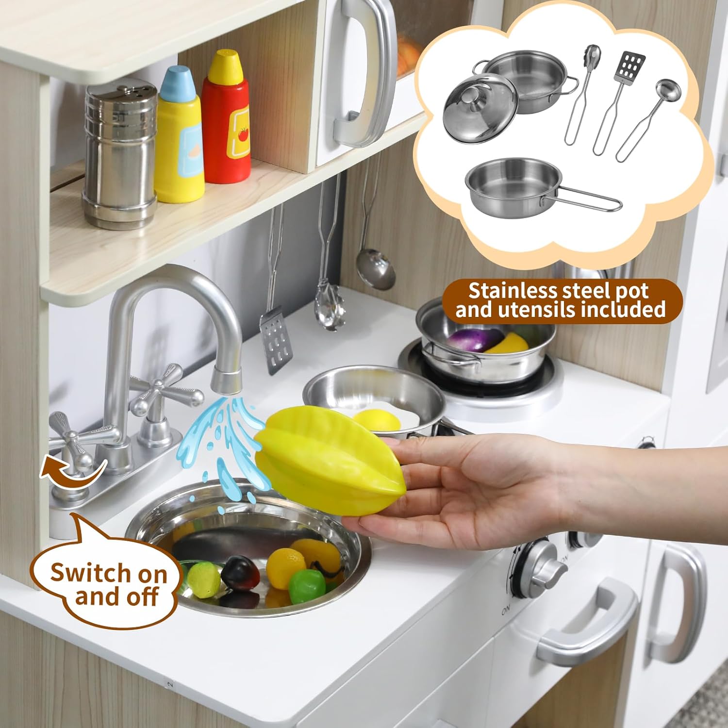Arlopu Juegos de cocina preescolar, juego de cocina de simulación de madera, juego de cocina pequeño para niños pequeños con teléfono, estufa,