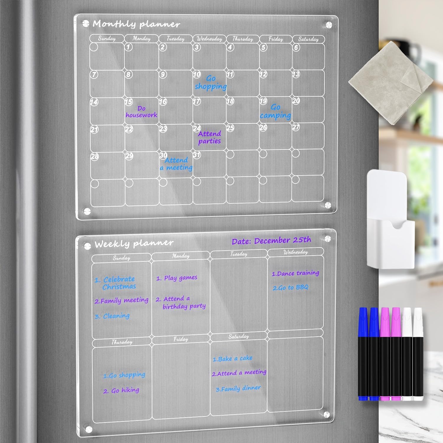 Calendario mensual y semanal magnético acrílico para refrigerador, juego de 2 calendarios transparentes de borrado en seco para refrigerador