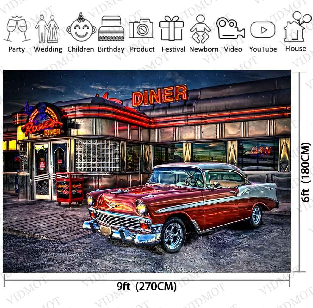 Fondo de comedor Rock Roll de los años 50 de los años 50 para coche, retro, nostalgia, fotografía, fondo de fotografía de 9 x 6 pies, accesorios de
