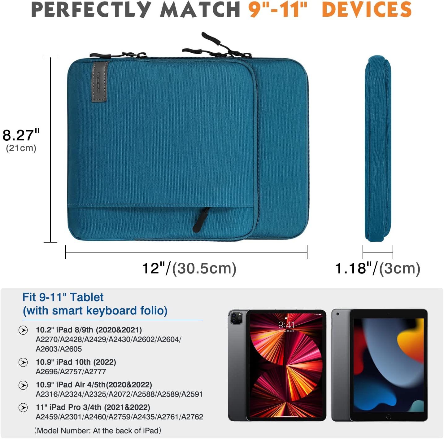 MoKo Funda de transporte para tablet de 9 a 11 pulgadas con bolsillos de almacenamiento para iPad Air 5 de 10.9 pulgadas 2022, iPad Pro 11 20212020,
