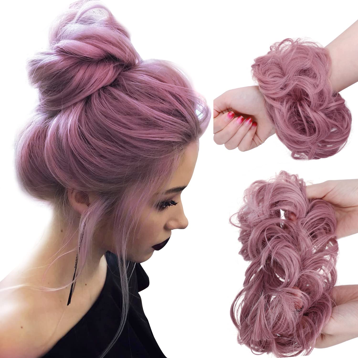 C8BUSIS Moño desordenado, grueso, rizado, ondulado, con banda de goma elástica, pelo sintético en forma de dona, extensiones de cola de caballo para