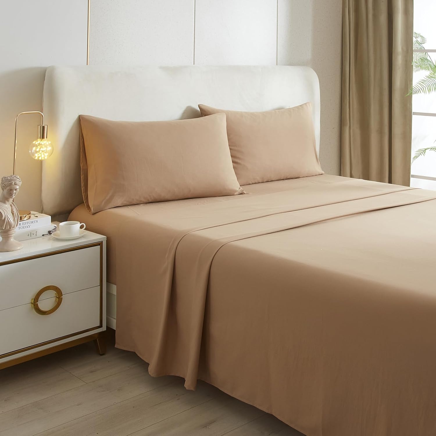 Juego de sábanas de 4 piezas, tamaño Queen, beige camello, refrescantes, sábanas y fundas de almohada, fácil ajuste, gran caída lateral de hasta 16