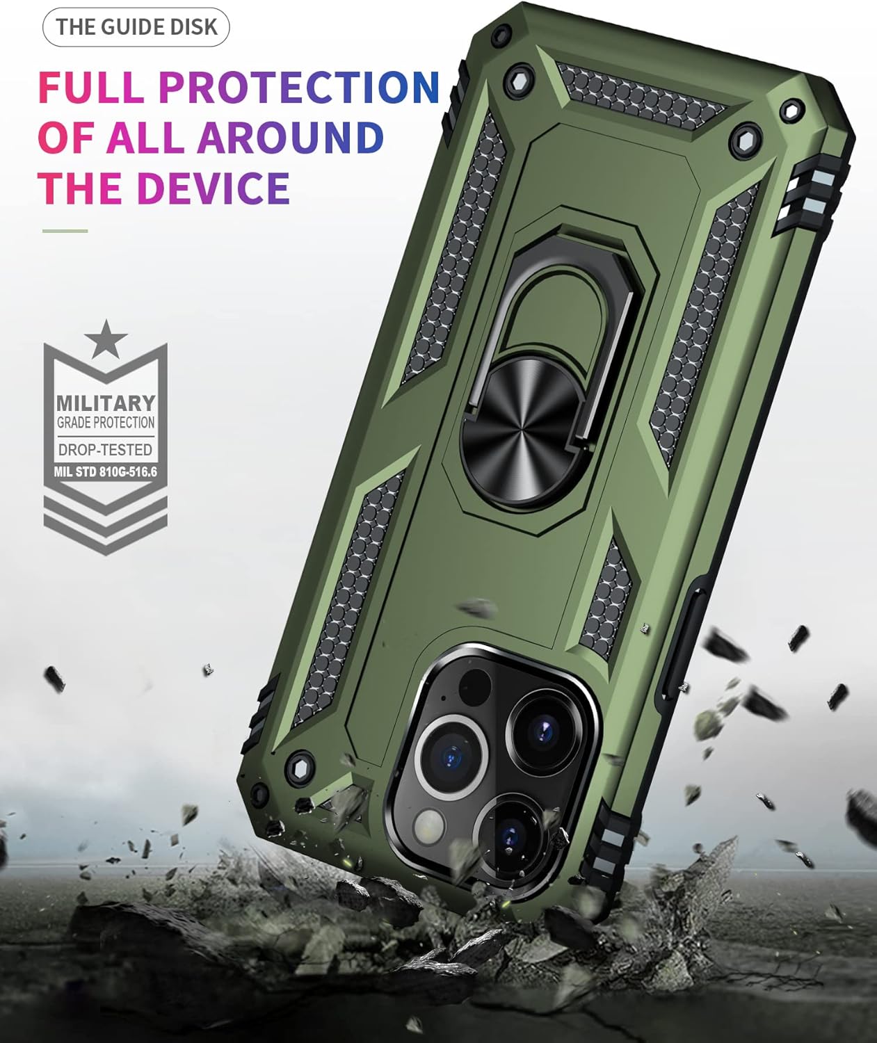Korecase Funda para iPhone 13 Pro Max, protección extrema armadura militar de doble capa con anillo giratorio de 360 grados, soporte de soporte,