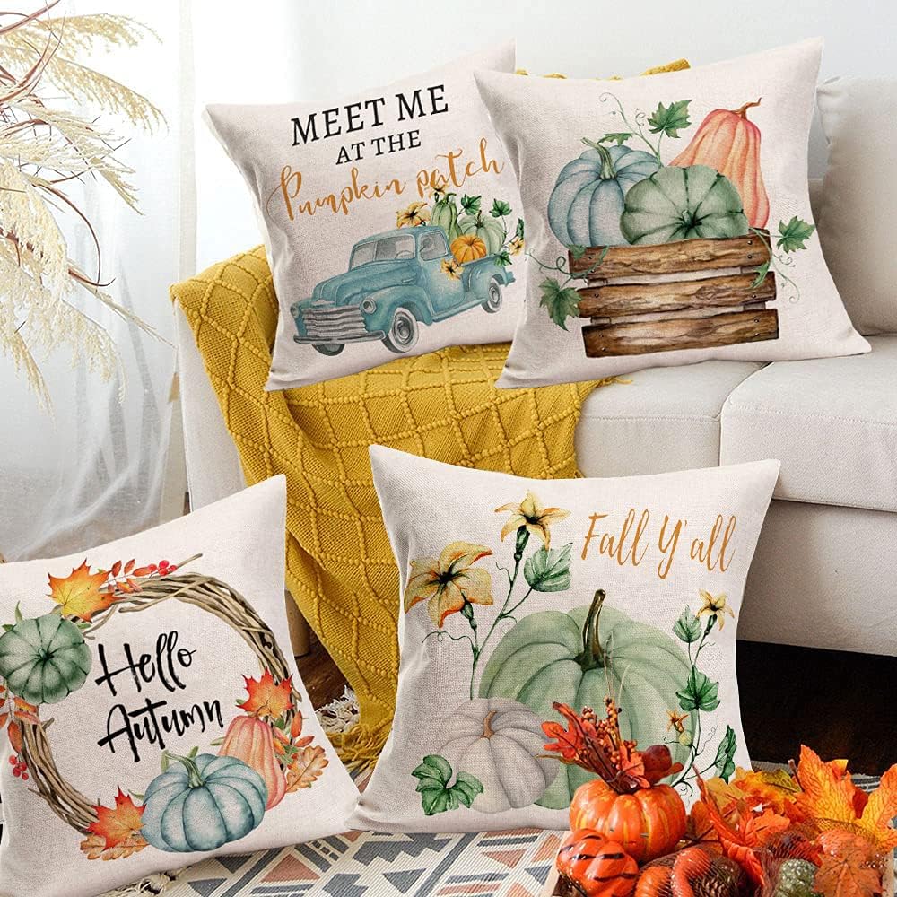 Juego de 4 fundas de almohada de calabaza para decoración de otoño para el hogar, 22 x 22 pulgadas, juego de 4 flores de hoja de arce con camión