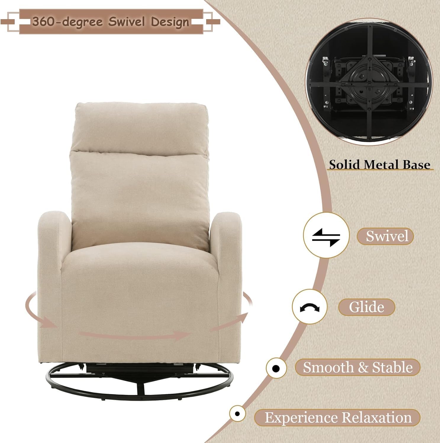 Kurhwyss Silla giratoria para guardería, moderna silla mecedora con respaldo alto y bolsillo de almacenamiento, mecedora tapizada con base de metal