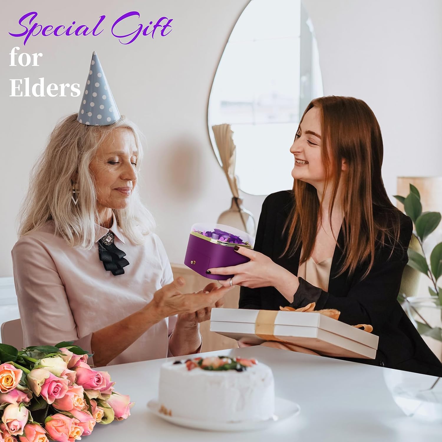 AK KYC Flor preservada, rosa, flores eternas, regalos para el día de San Valentín, incluye un exquisito collar y aretes para esposa, novia, para