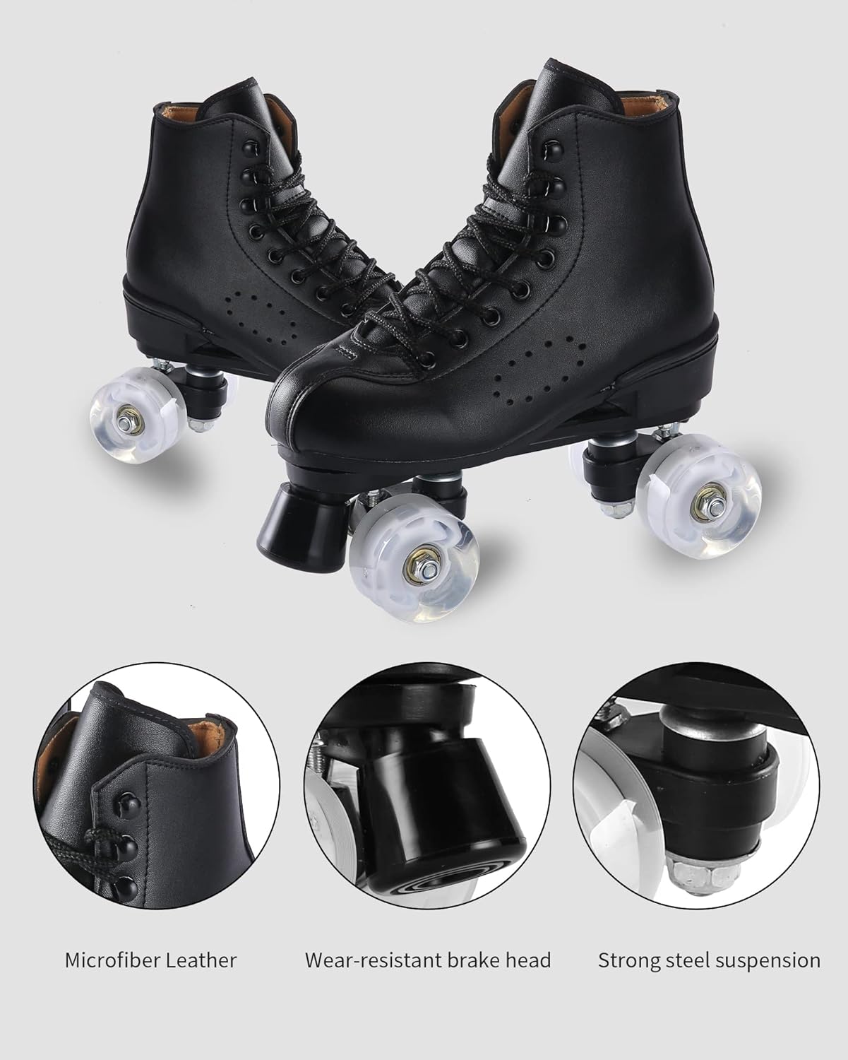 Patines para hombres y mujeres, patines Derby negros con 4 ruedas brillantes, patines clásicos de doble fila para interiores y exteriores