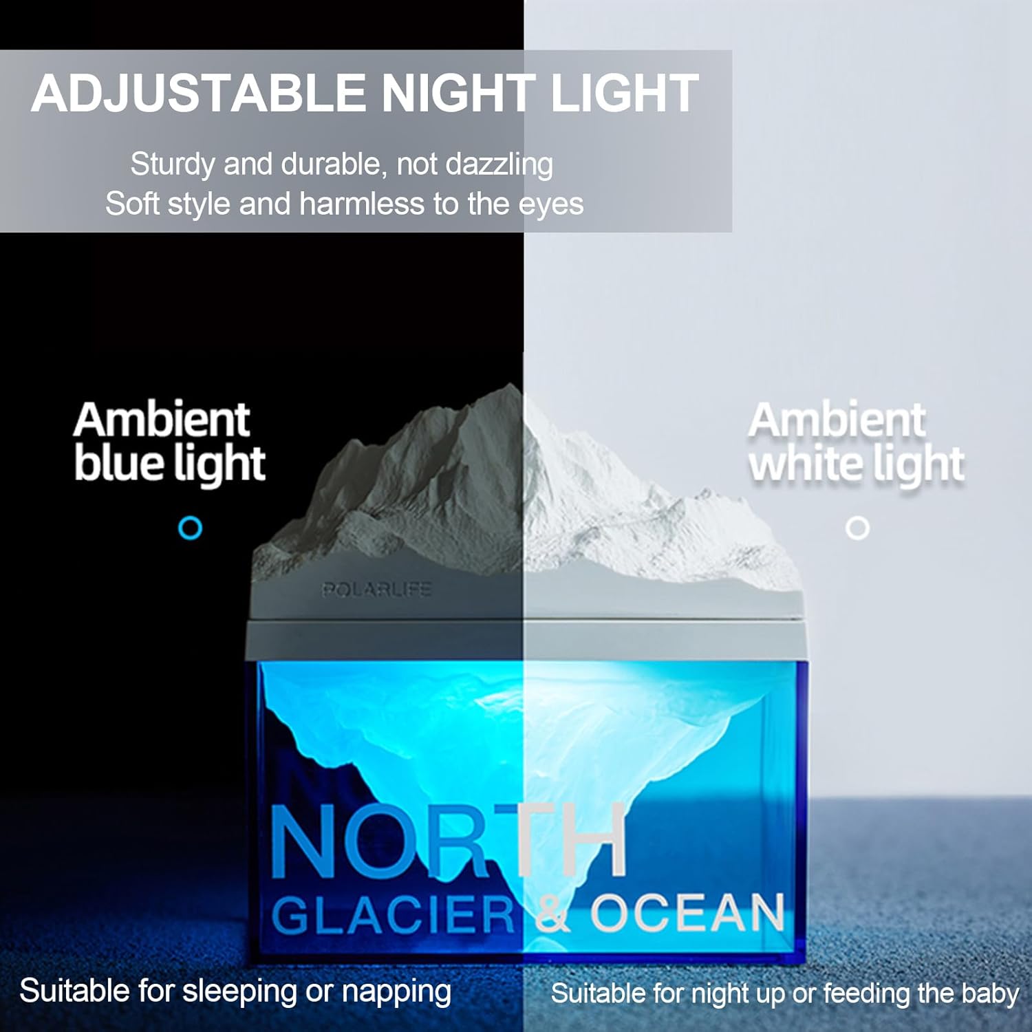EQURA Luz nocturna glacial, lámpara de noche recargable con sonido relajante de ruido blanco, luz nocturna ambiental portátil para decoración de