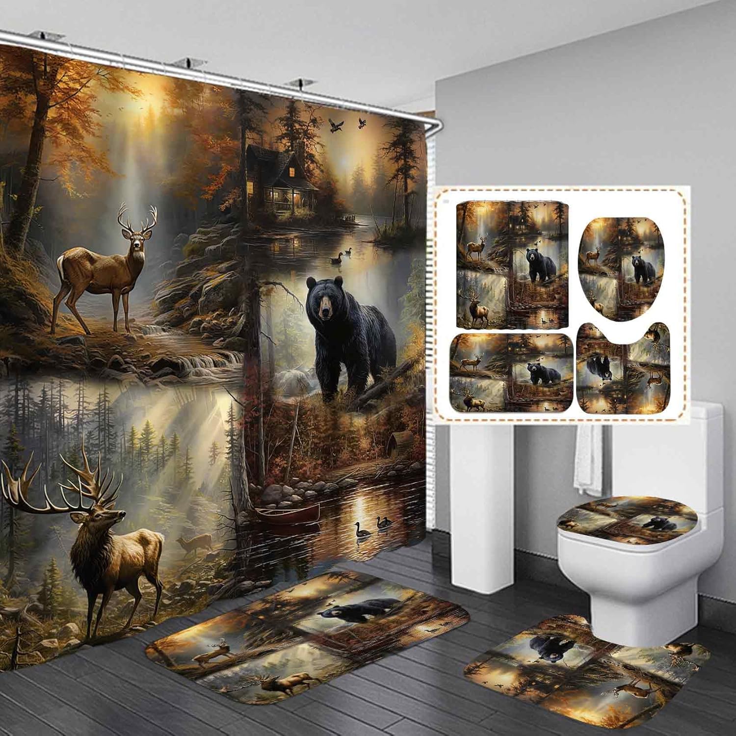 Juego de 4 cortinas de ducha de oso negro, ciervo, alce, vida silvestre, bosque, caza, cabaña, granja, granja, cabaña, decoración de baño, cortina