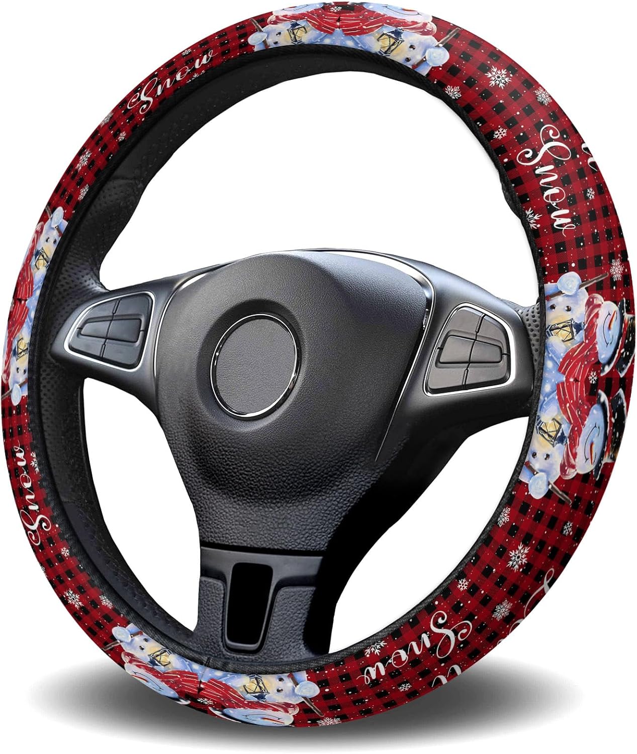 Funda para volante de automóvil, muñeco de nieve, copo de nieve, rojo y negro, a cuadros, elástico, de esponja elástica, para volantes, funda