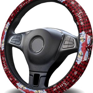 Funda para volante de automóvil, muñeco de nieve, copo de nieve, rojo y negro, a cuadros, elástico, de esponja elástica, para volantes, funda Funda para volante de automóvil, muñeco de nieve, copo de nieve, rojo y negro, a cuadros, elástico, de esponja elástica, para volantes, funda