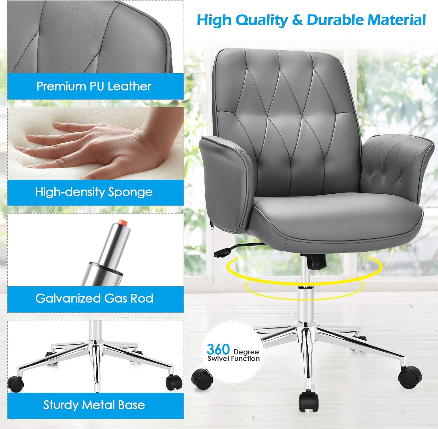 Giantex Silla de escritorio de oficina moderna, silla de acento ajustable de piel sintética con ruedas, silla de escritorio giratoria, silla de