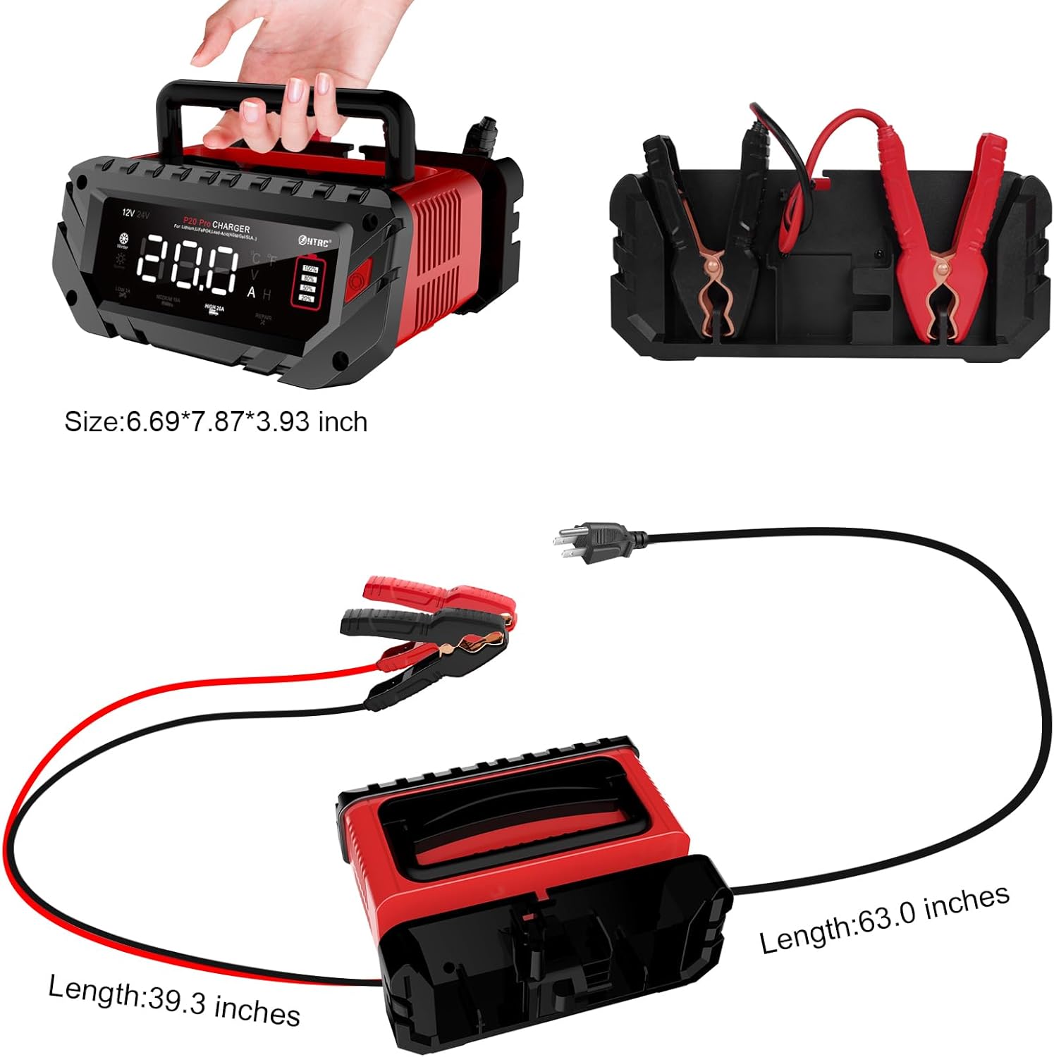 Cargador de batería de 20 amperios, 12 V24 V, cargador de batería inteligente totalmente automático, litio, cargador de flotador Lifepo4, cargador