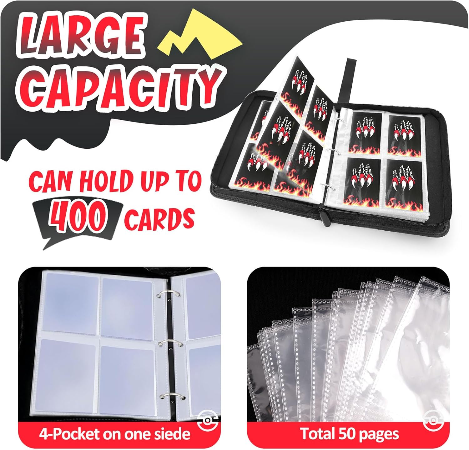 GOROMA Carpeta de tarjetas con 4 bolsillos, 400 bolsillos con 50 fundas extraíbles, soporte para álbum con cremallera para coleccionista de