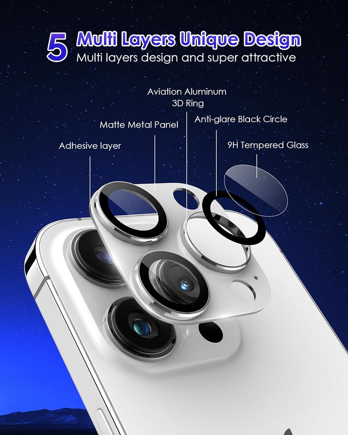 Protector de lente de cámara para iPhone 15 ProiPhone 15 Pro Max metal de cobertura completa Pantalla de vidrio templado 9H, cubierta de cámara