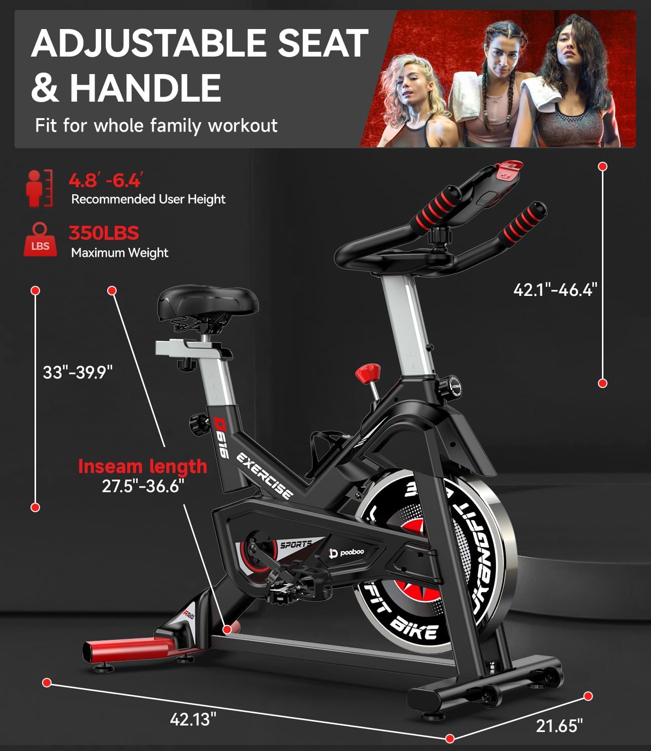 Pooboo Bicicleta estática magnética, bicicleta de ciclismo para interiores con sensor Bluetooth integrado, compatible con aplicaciones de bicicleta