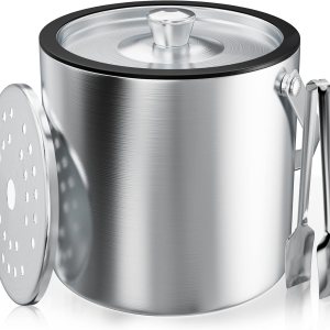 Cubo de hielo de 2 litros con tapa de silicona, colador, pinzas, pequeño cubo de hielo de acero inoxidable aislado de doble pared para cócteles y Cubo de hielo de 2 litros con tapa de silicona, colador, pinzas, pequeño cubo de hielo de acero inoxidable aislado de doble pared para cócteles y