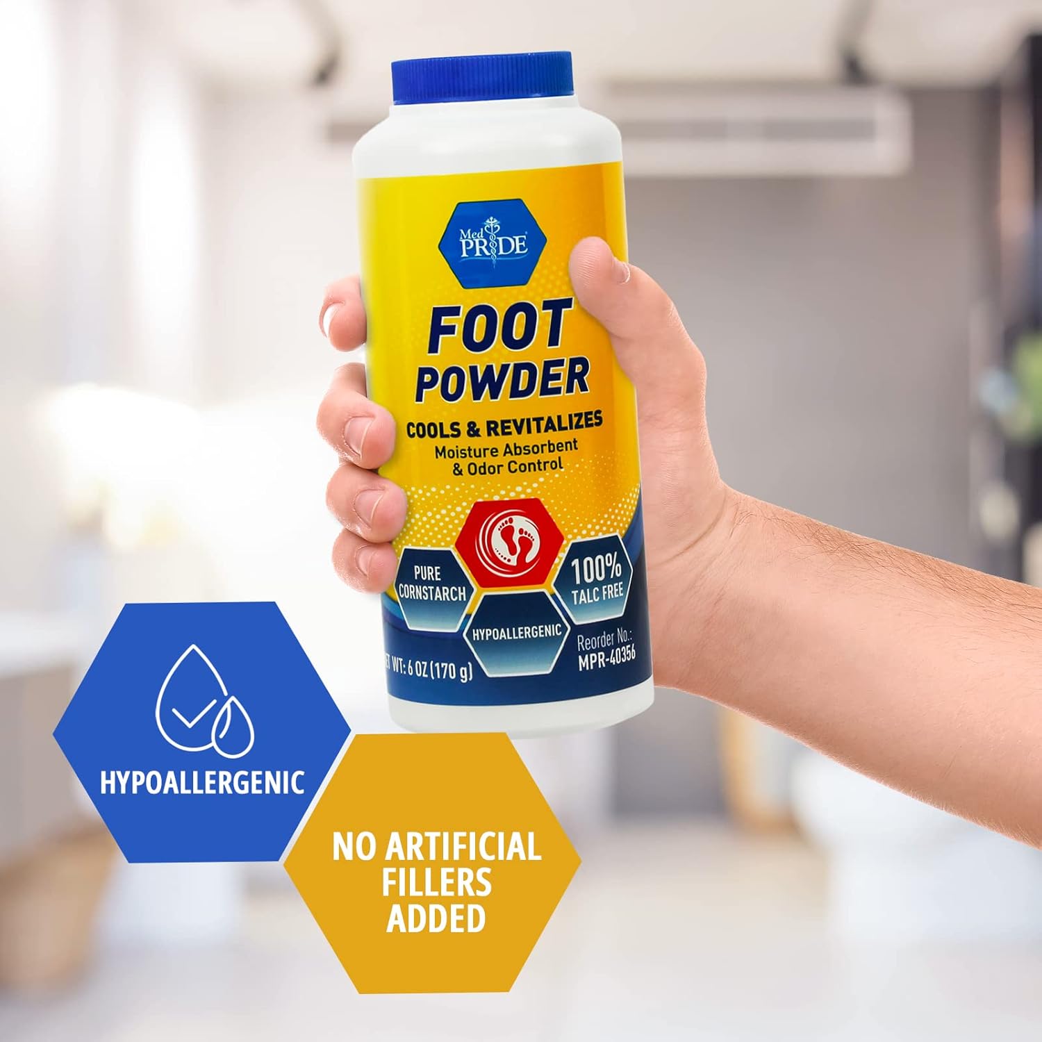 MED PRIDE Polvo de pies prémium para control de humedad, hipoalergénico, 100% sin talco, polvo de enfriamiento de pies para reducir los olores y