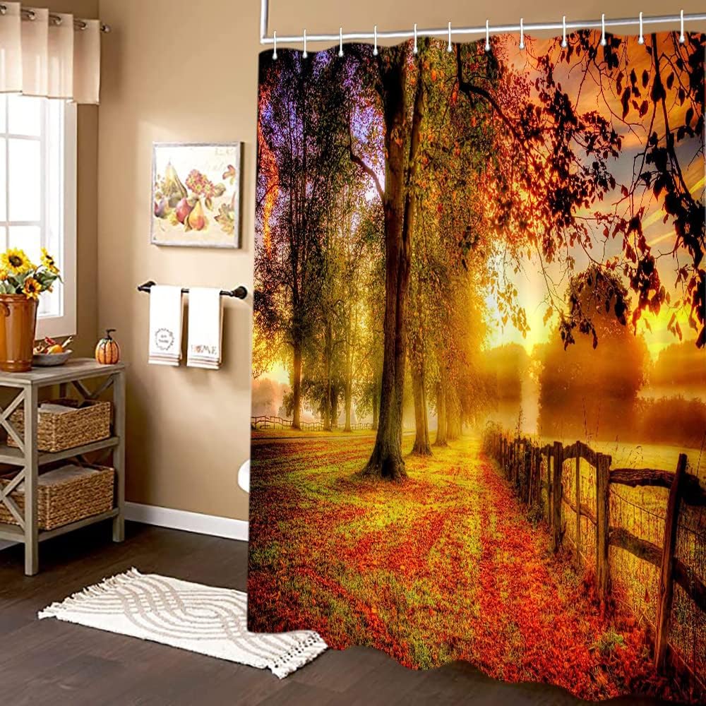 Juego de cortinas de ducha para decoración de otoño, bosque de otoño, hojas doradas, casa de campo, tela de poliéster, accesorios de baño, con