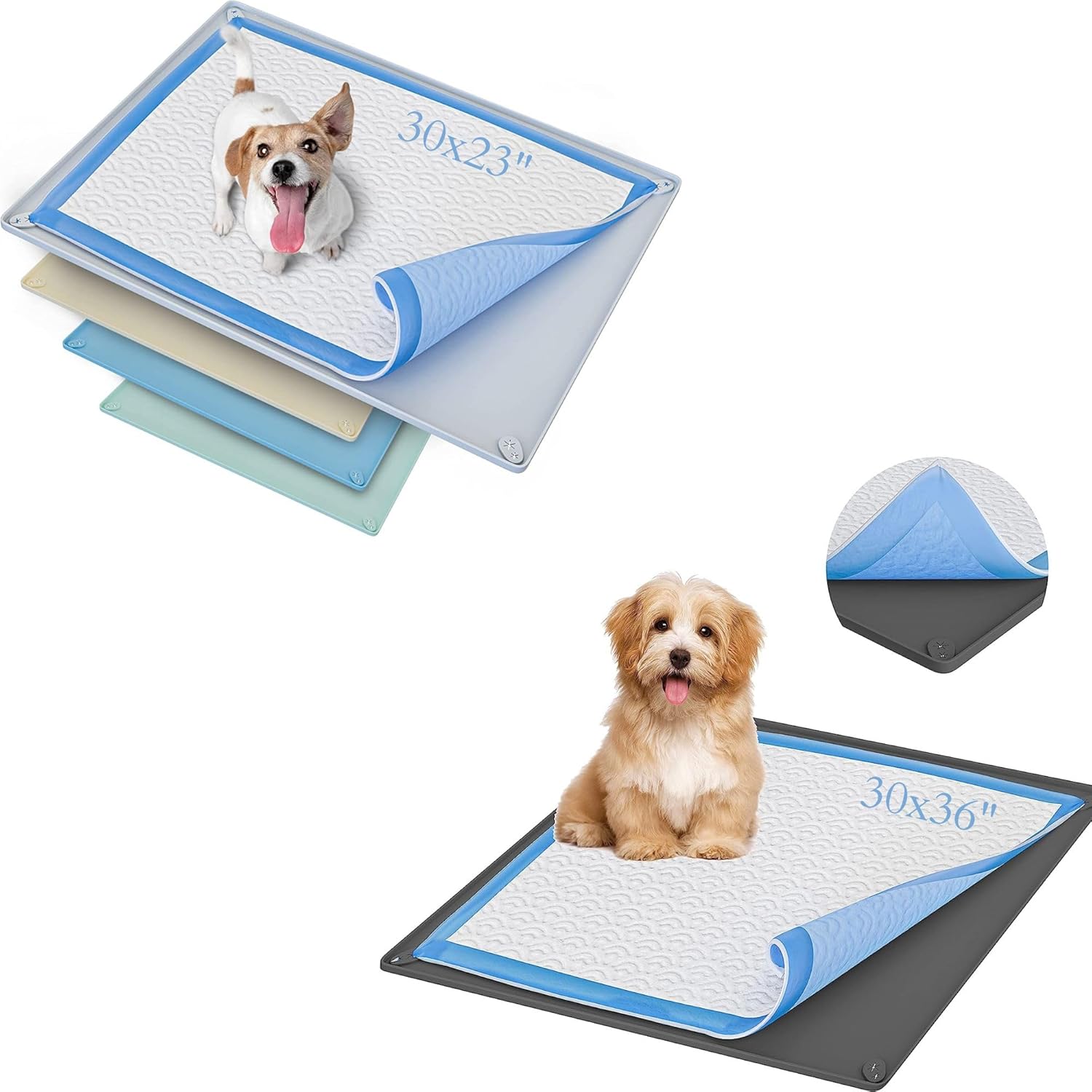 Skywin Bandeja para almohadillas para cachorros de 30 x 23 pulgadas (gris) + 30 x 36 pulgadas (gris)  Silicona, soporte para almohadilla de orina